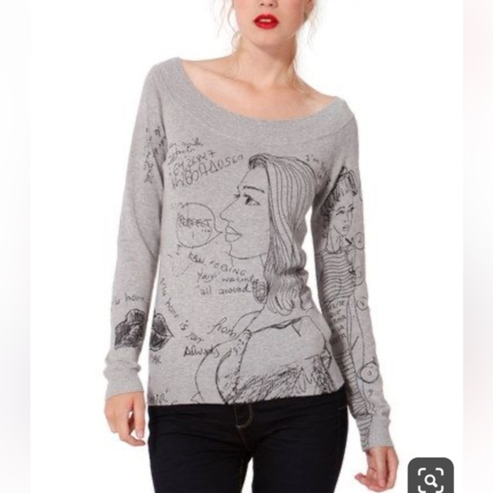 Desigual Gina Heather Gray Graphic Print Sweater size XS Graffiti Faces